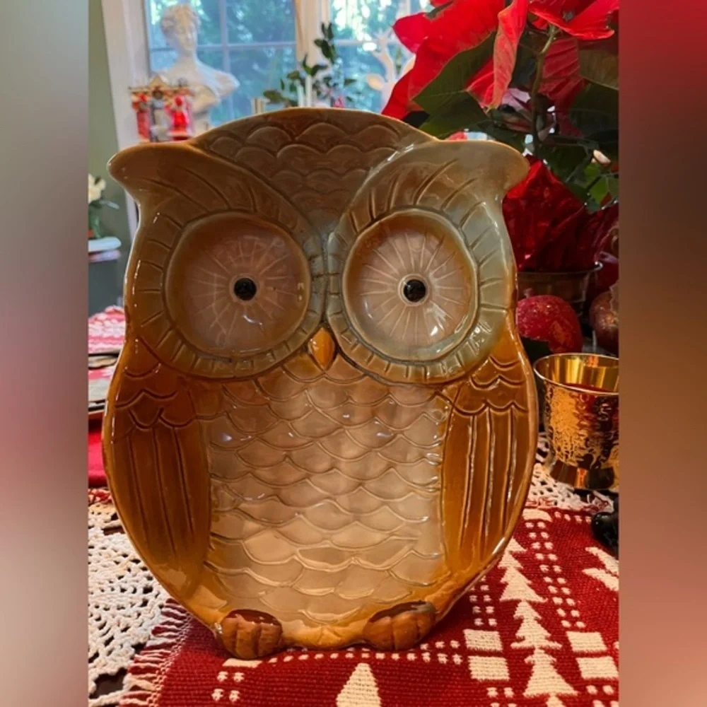 Vintage Hand Painted Earthenware Ceramic Glaze Owl Shaped Serving Bowl Dish 10